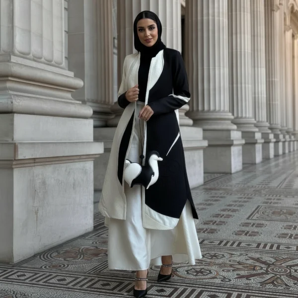 عباية فاخرة أسود وأبيض مودرن 2025 بتطريز راقٍ