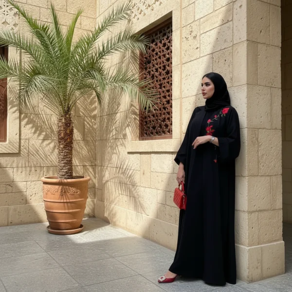 عباية سوداء كلاسيكية بتطريز ورود حمراء ناعم يضيف لمسة أنوثة راقية. قطعة تجمع بين البساطة والفخامة وتناسب إطلالات النهار والليل.