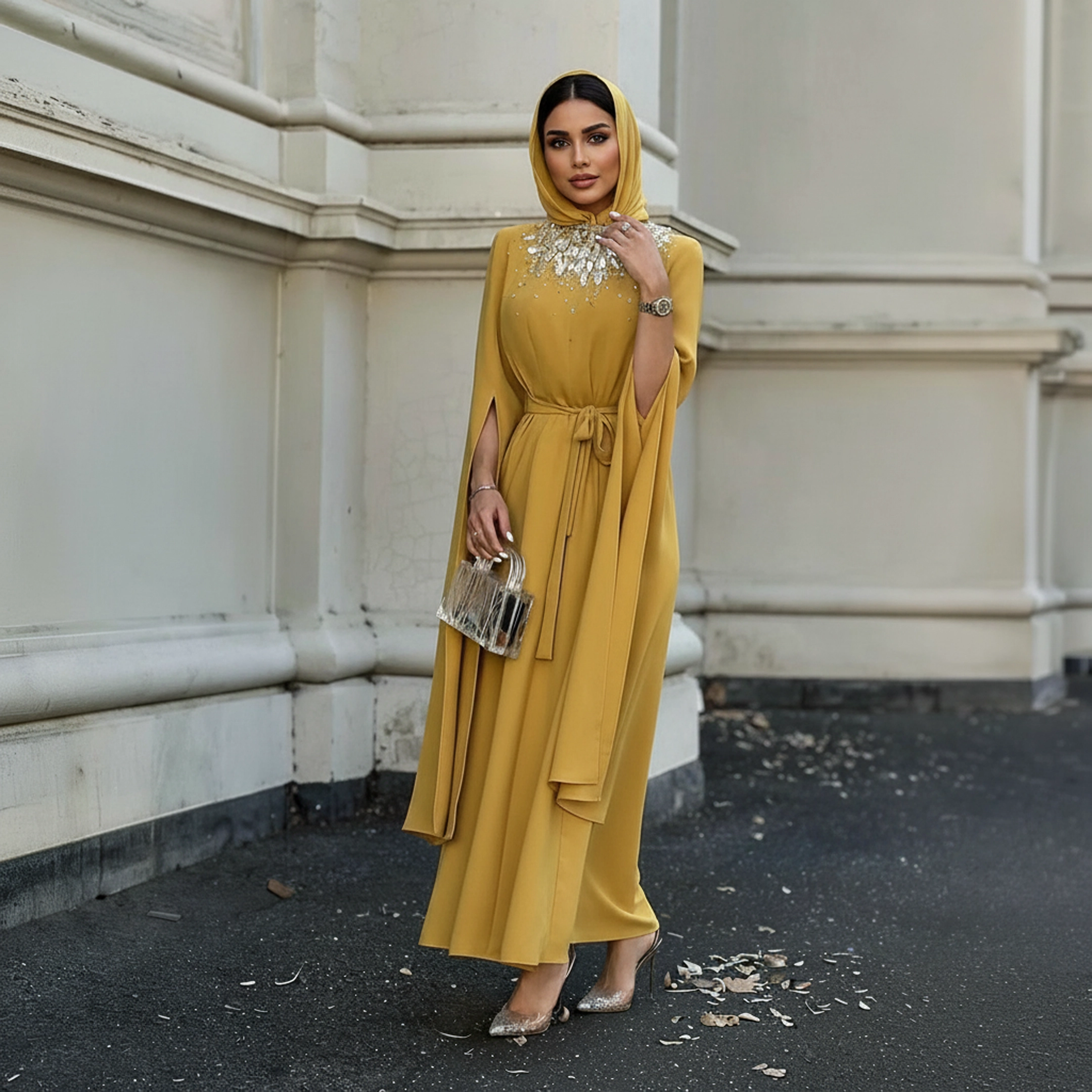 عباية سهرة فاخرة بتطريز لامع – لون مستردة راقٍ