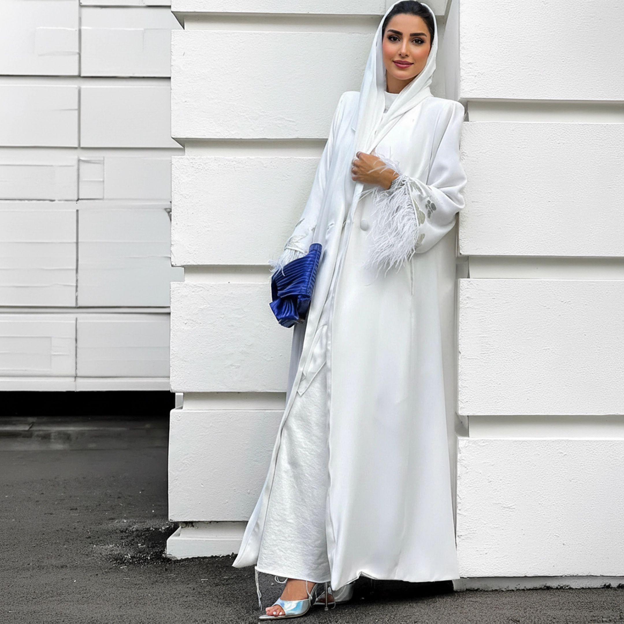 عباية حرير بيضاء فاخرة بتطريز ريش وأناقة راقية