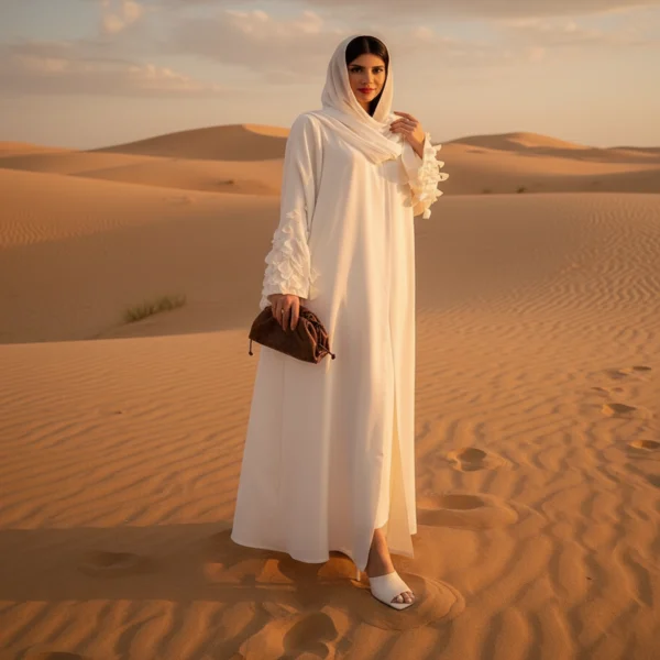 عباية بيضاء فاخرة بتطريز ناعم على الأكمام